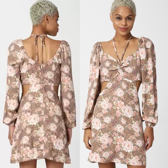 Forever 21 Brown Floral Cut Out Puff Long Sleeve Tie Neck Mini Dress - Picture 6 of 15